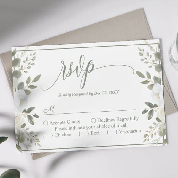 White Floral Rsvp Card With Meal Choices.