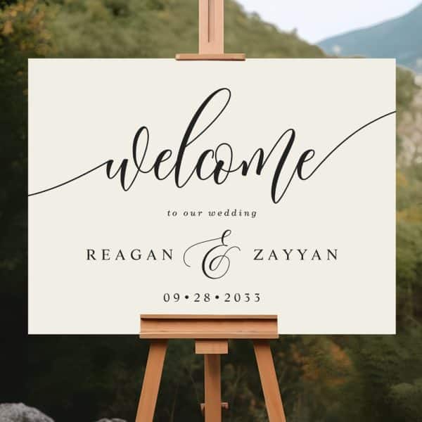 Wedding Welcome Sign With Calligraphy Font, Displaying Reagan &Amp; Zayyan'S Wedding Date, September 28, 2033.