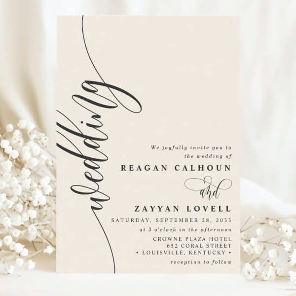 Wedding Invitation For Reagan Calhoun And Zayyan Lovell, September 28, 2033, At The Crowne Plaza Hotel In Louisville, Kentucky.