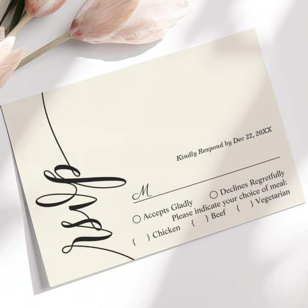 Beige Wedding Rsvp Card With Elegant Script Lettering And Options To Accept Or Decline The Invitation, And Meal Choices.