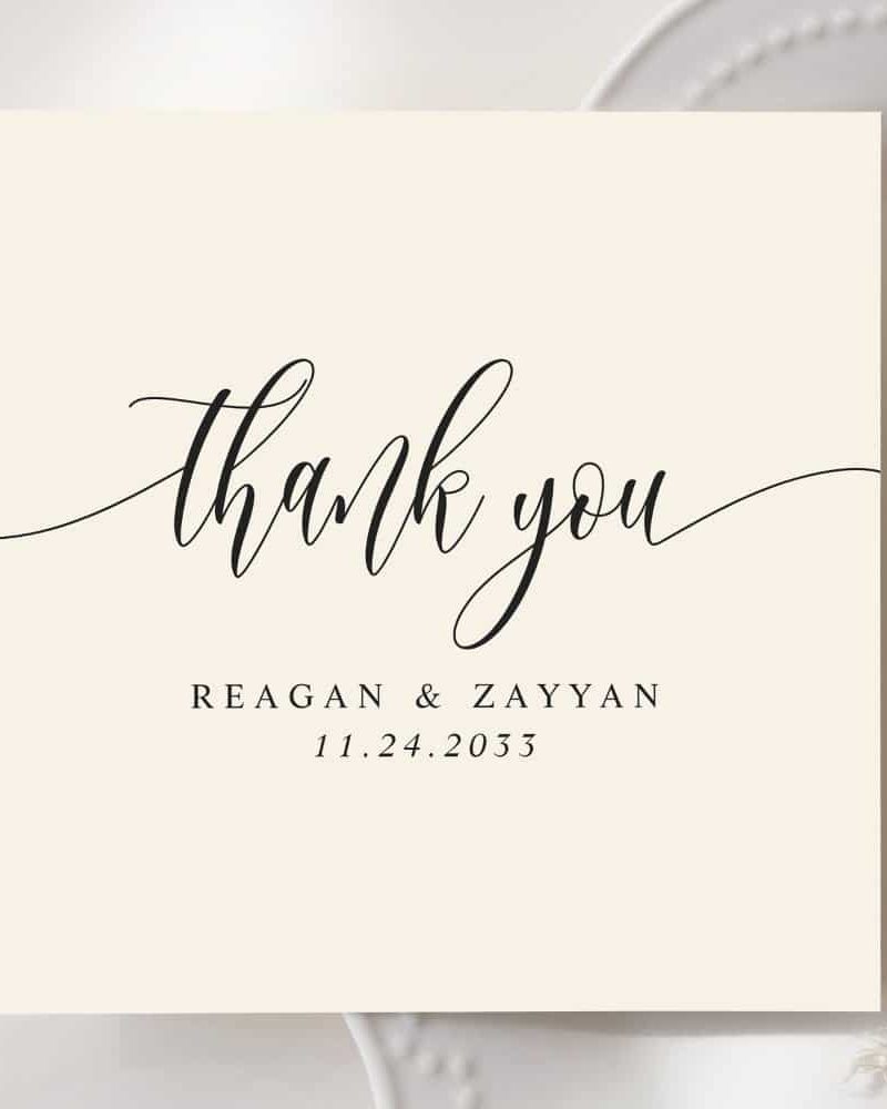 Cream-colored thank you card with elegant script lettering. The names Reagan & Zayyan and the date 11.24.2033 are also included.