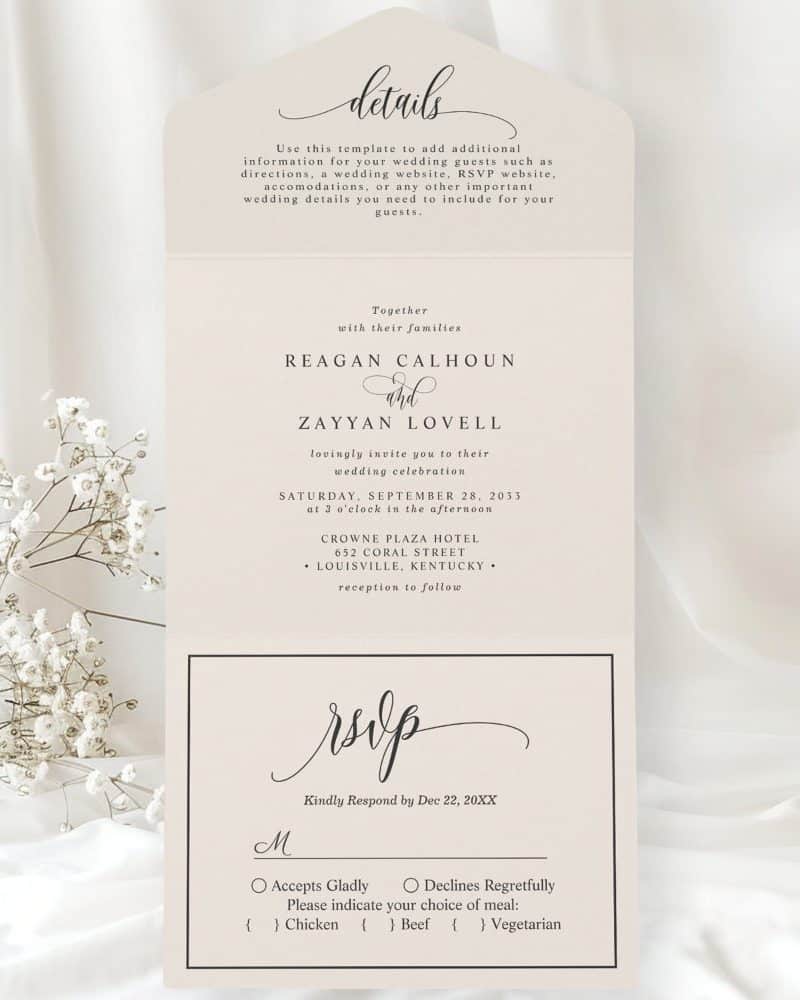 Wedding invitation for Reagan Calhoun and Zayyan Lovell, with date, time, location, and RSVP details.
