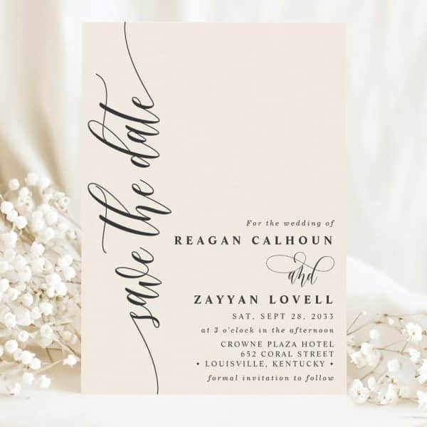 Save The Date For The Wedding Of Reagan Calhoun And Zayyan Lovell, September 28, 2033, At The Crowne Plaza Hotel In Louisville, Kentucky.
