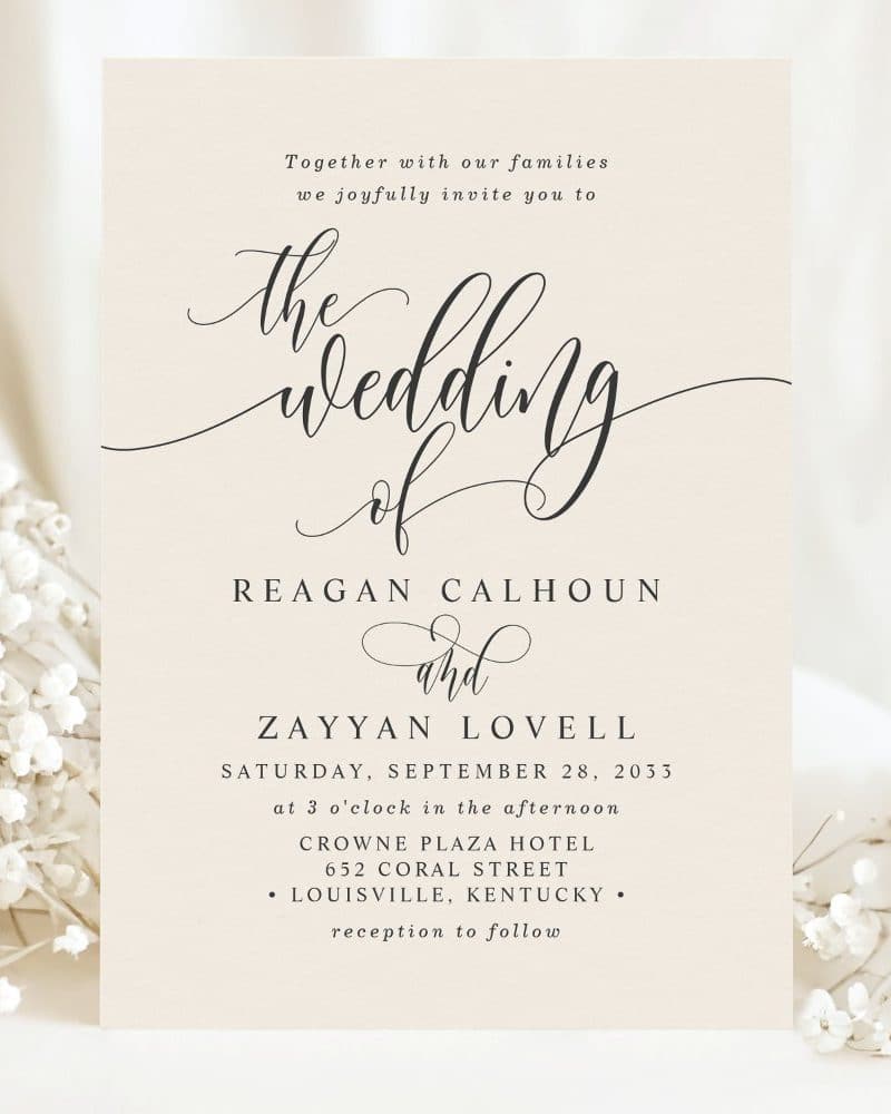 Wedding invitation for Reagan Calhoun and Zayyan Lovell.