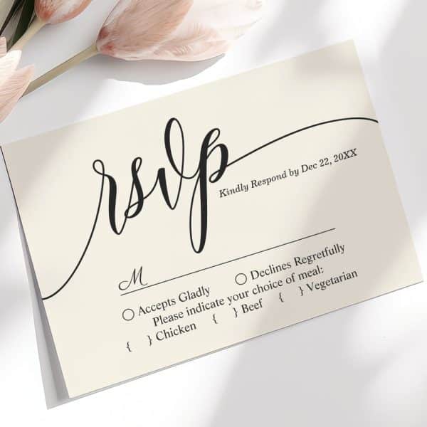 Rsvp Card With A Request To Respond By December 22Nd, Offering Chicken, Beef, Or Vegetarian Meal Options.
