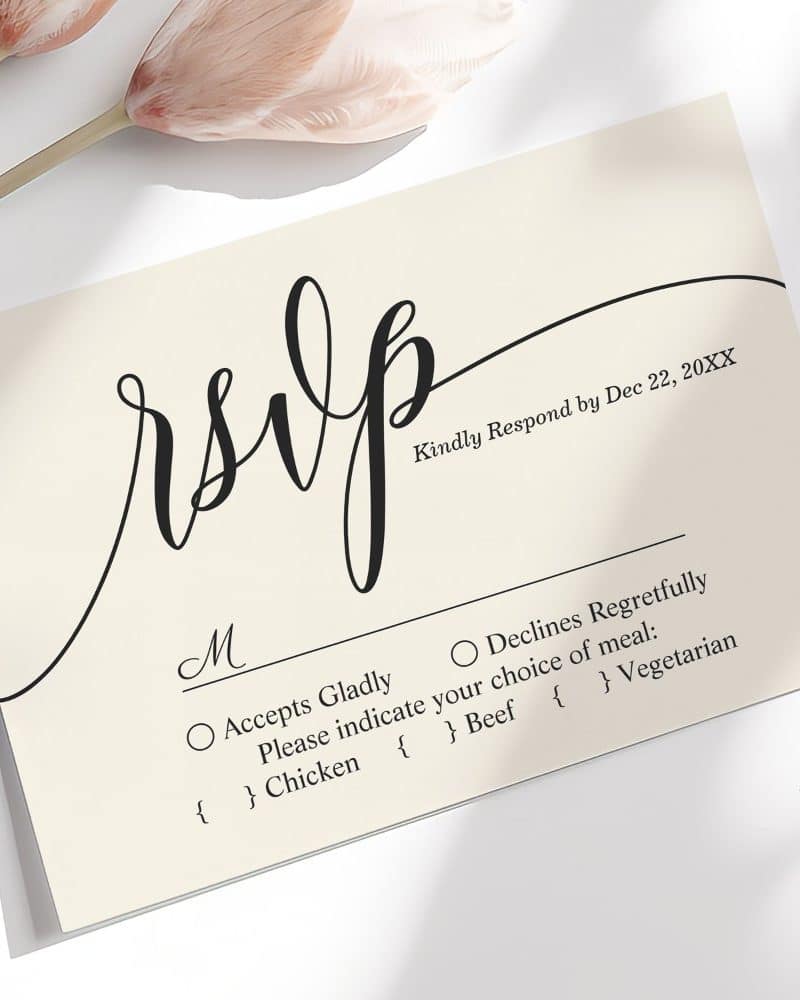 RSVP card with a request to respond by December 22nd, offering chicken, beef, or vegetarian meal options.
