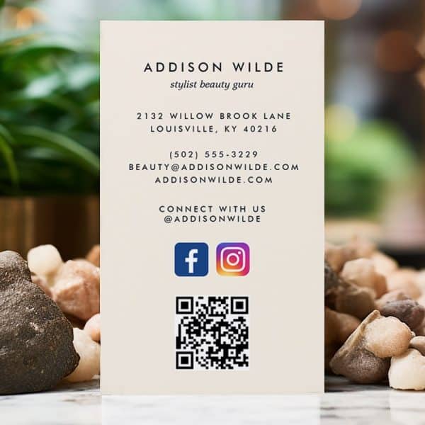 Addison Wilde Stylist Beauty Guru Business Card With Contact Information, Social Media Handles, And Qr Code.