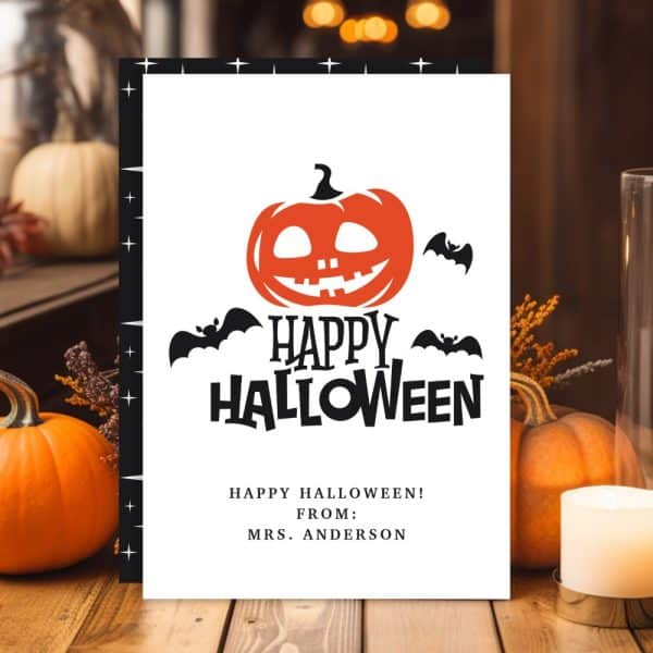 Halloween Greeting Card With A Jack-O'-Lantern And Bats.
