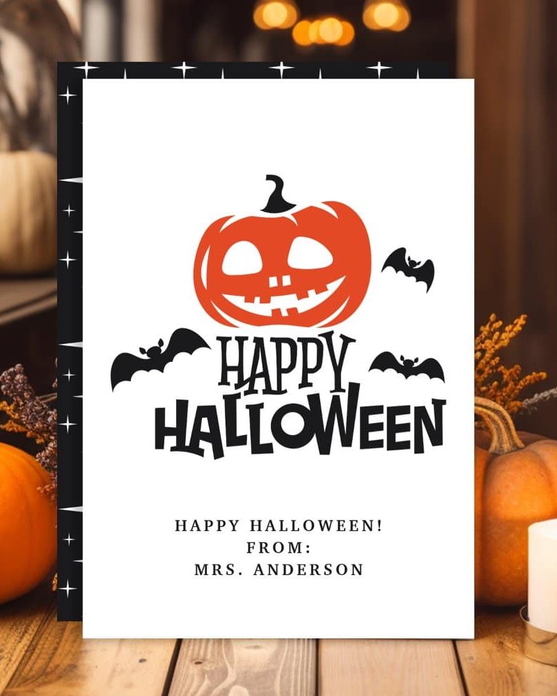 Halloween greeting card with a jack-o'-lantern and bats.