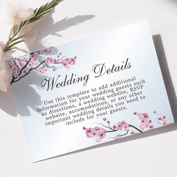 Wedding Details Card With Pink Cherry Blossoms.