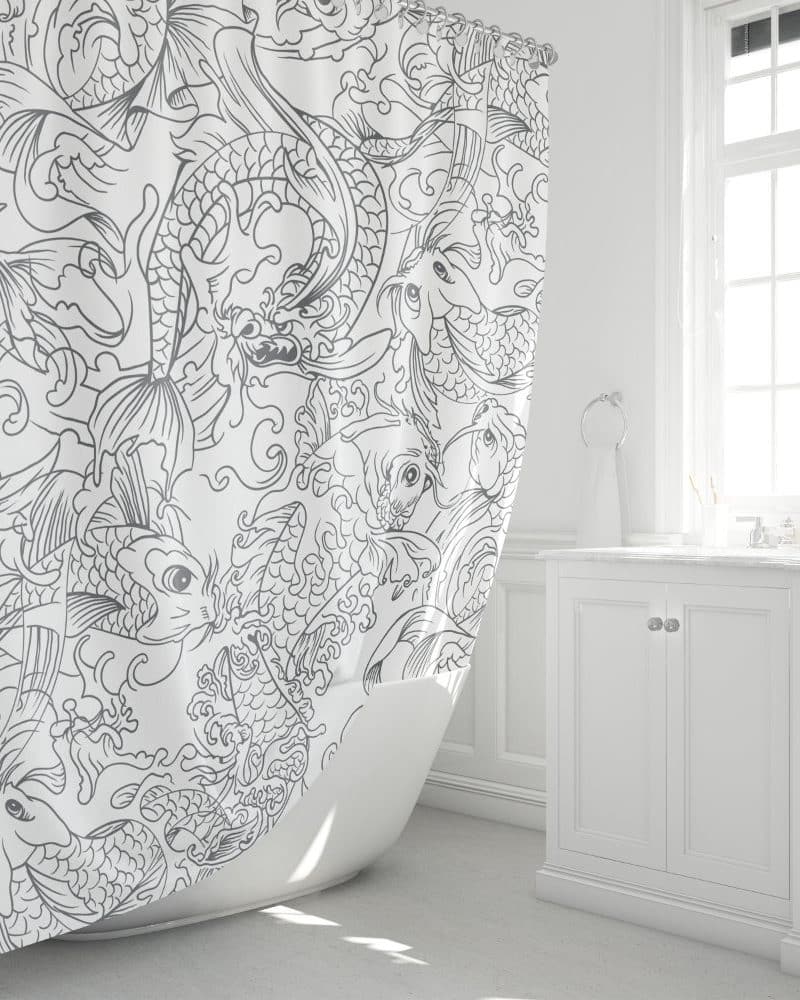 Shower curtain with a gray line drawing pattern of koi fish and dragons on a white background.