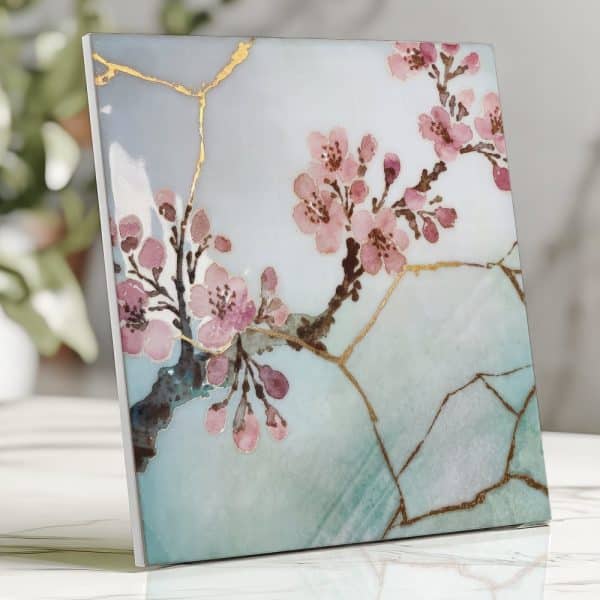 Square Art Print Featuring A Delicate Watercolor Painting Of Pink Cherry Blossoms On A Pale Blue And Green Background With Gold Crackle Detailing.