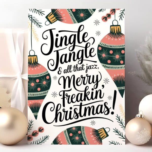 Christmas Card With Stylized Ornaments And The Text Jingle Jangle &Amp; All That Jazz, Merry Freakin' Christmas!