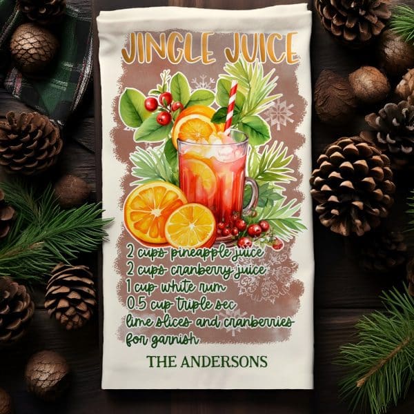 Kitchen Towel With A Watercolor Illustration Of A Festive Jingle Juice Cocktail Recipe, Including Ingredients And The Andersons Family Name.