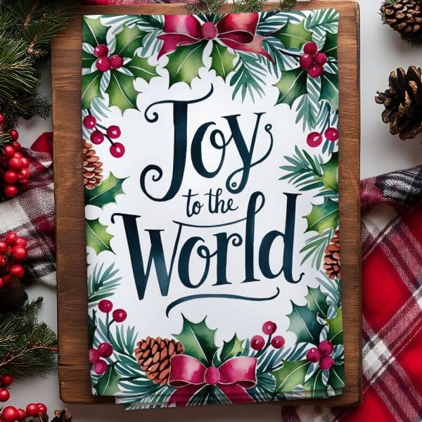 Christmas Themed Artwork Featuring A Wreath Of Holly, Pine, Pinecones, And Ribbons Surrounding The Words Joy To The World.