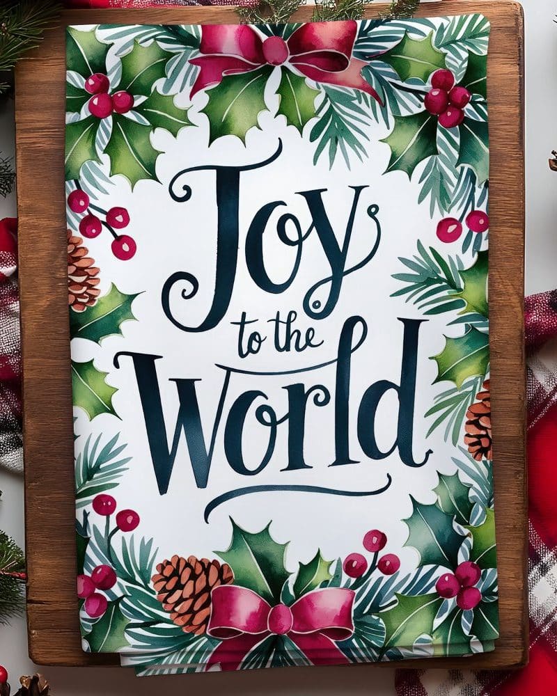 Christmas themed artwork featuring a wreath of holly, pine, pinecones, and ribbons surrounding the words Joy to the World.