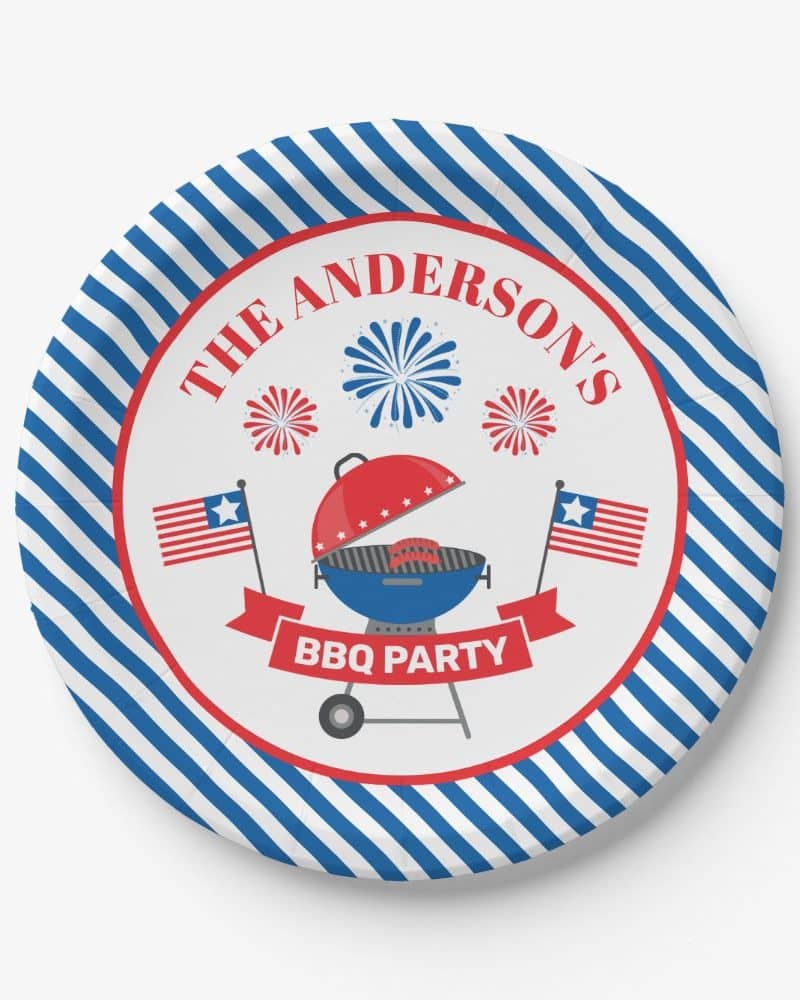 Patriotic paper plate with a grill, fireworks, and The Anderson's BBQ Party text.