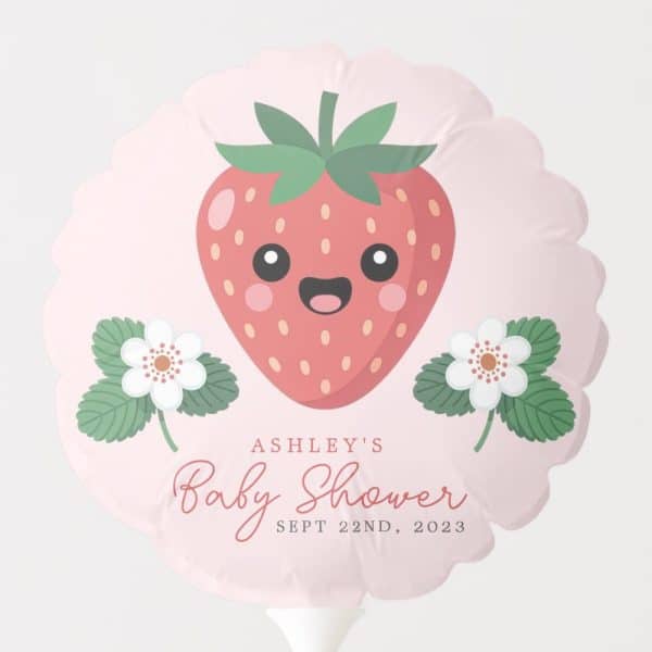 Pink Baby Shower Balloon Featuring A Cute Cartoon Strawberry With Flowers. The Text Reads Ashley'S Baby Shower, Sept 22Nd, 2023.