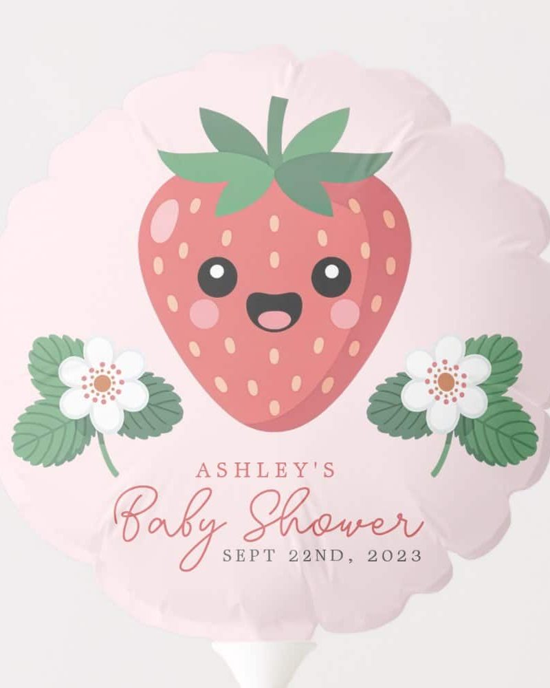 Pink baby shower balloon featuring a cute cartoon strawberry with flowers. The text reads Ashley's Baby Shower, Sept 22nd, 2023.