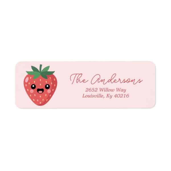 Pink Return Address Label With A Cute Cartoon Strawberry And The Andersons' Address.