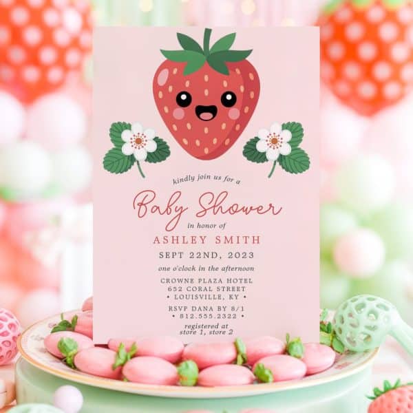 Baby Shower Invitation Featuring A Cute Cartoon Strawberry.