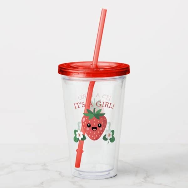 Clear Plastic Tumbler With A Red Lid And Straw, Featuring A Cute Cartoon Strawberry And The Text It'S A Girl!
