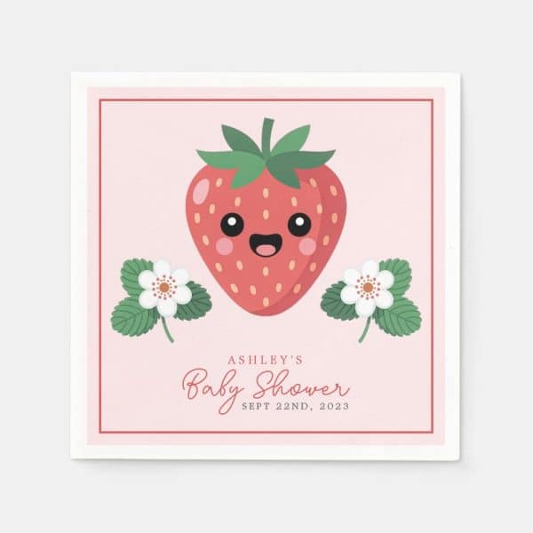 Pink Baby Shower Invitation Featuring A Cartoon Strawberry With A Happy Face, Flanked By Two Strawberry Blossoms.