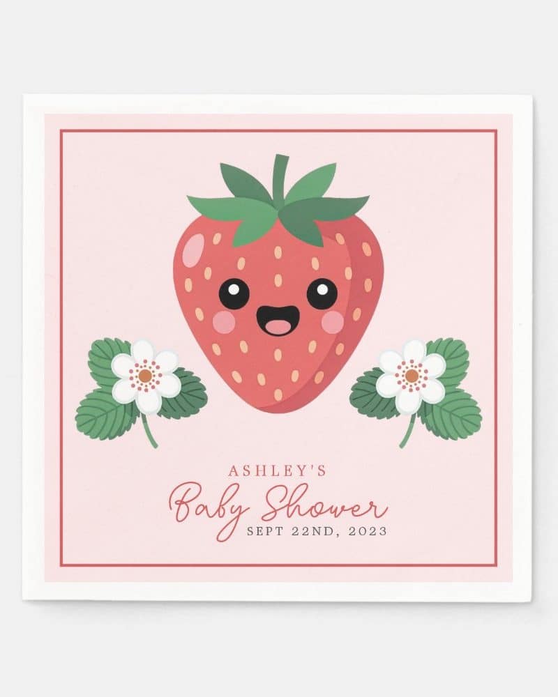Pink baby shower invitation featuring a cartoon strawberry with a happy face, flanked by two strawberry blossoms.