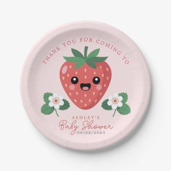 Pink Baby Shower Thank You Plate Featuring A Cute Cartoon Strawberry.