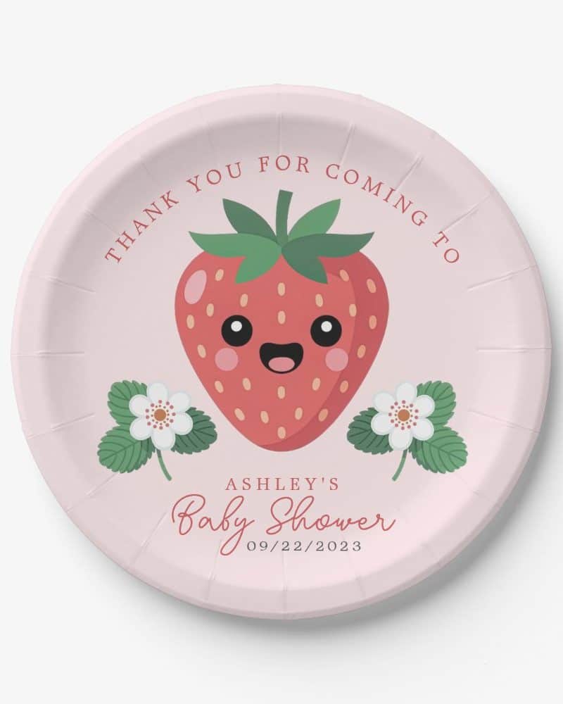 Pink baby shower thank you plate featuring a cute cartoon strawberry.