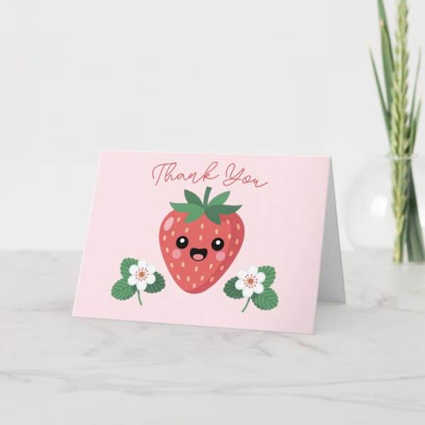 Thank You Card Featuring A Happy Cartoon Strawberry And Flowers.