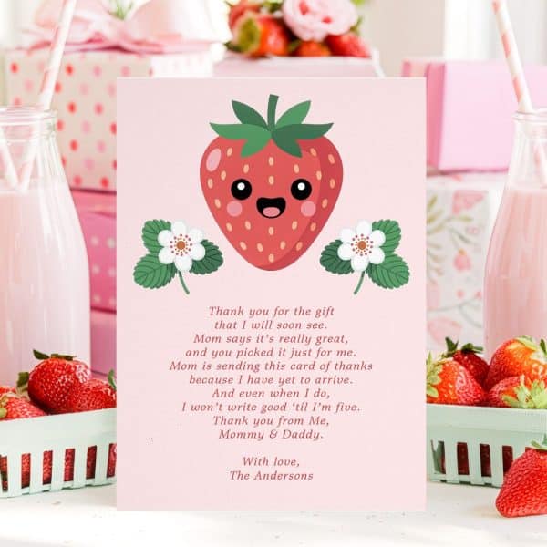 Thank You Card Featuring A Cute Cartoon Strawberry, With A Child'S Message Expressing Gratitude For A Gift.
