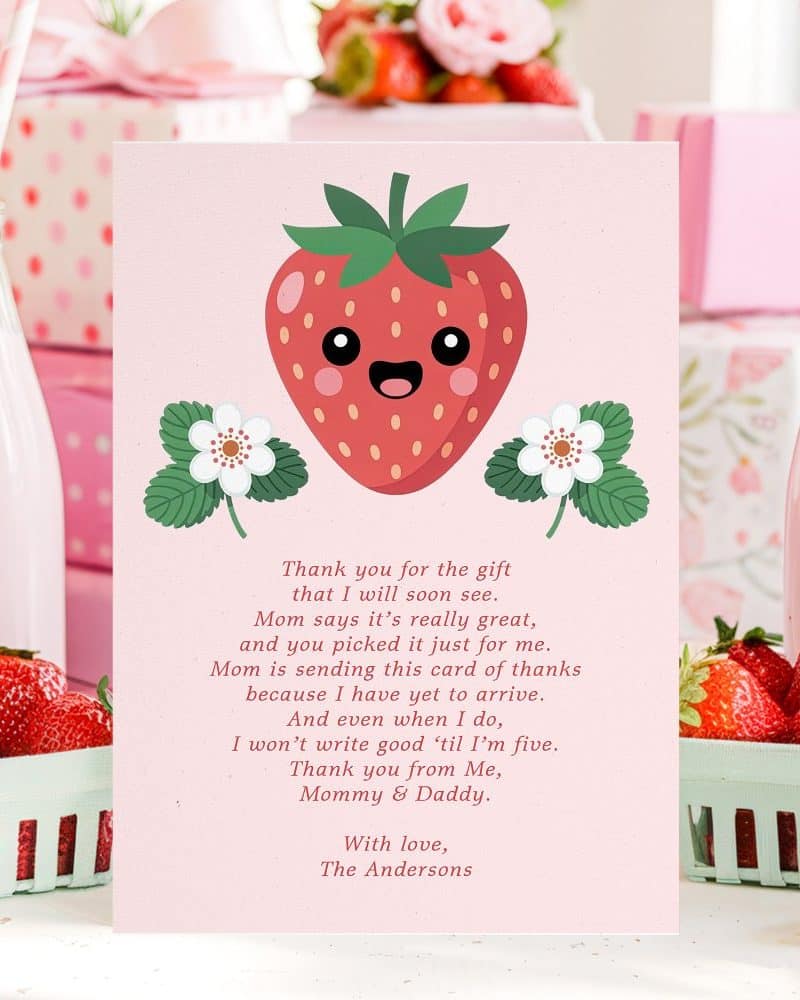 Thank you card featuring a cute cartoon strawberry, with a child's message expressing gratitude for a gift.
