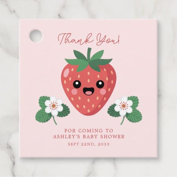 Pink Baby Shower Thank You Tag Featuring A Cartoon Strawberry With A Happy Face.