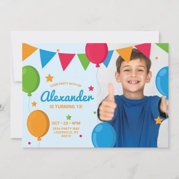 Birthday Invitation For Alexander'S 13Th Birthday Party, Featuring A Photo Of Him Giving Two Thumbs Up. Colorful Balloons And Pennants Decorate The Invitation.