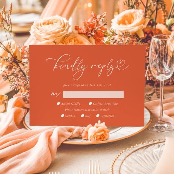 Burnt Orange Wedding Rsvp Card With A Request For Meal Choice.