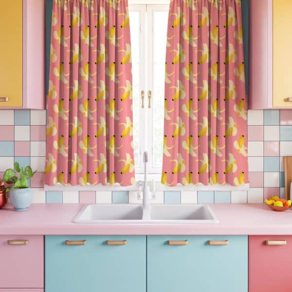 Pink Kitchen Curtains With A Yellow Banana Pattern.