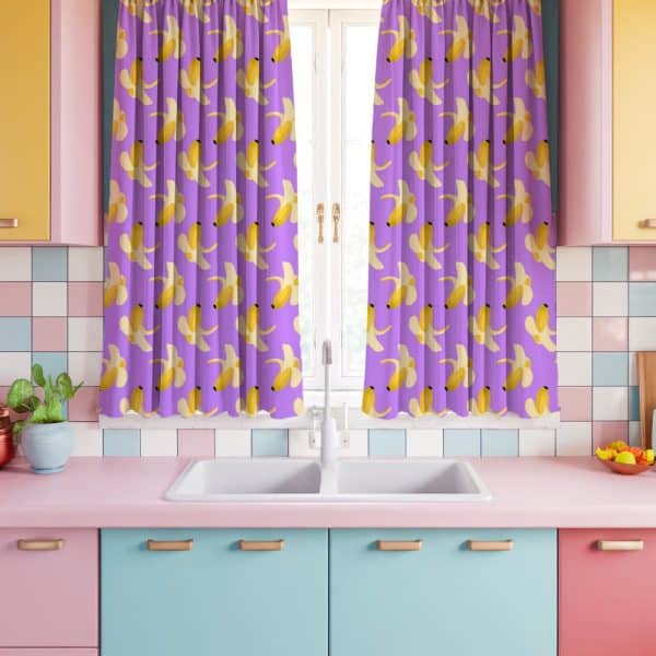 Purple Kitchen Window Curtains With A Repeating Pattern Of Peeled Bananas.