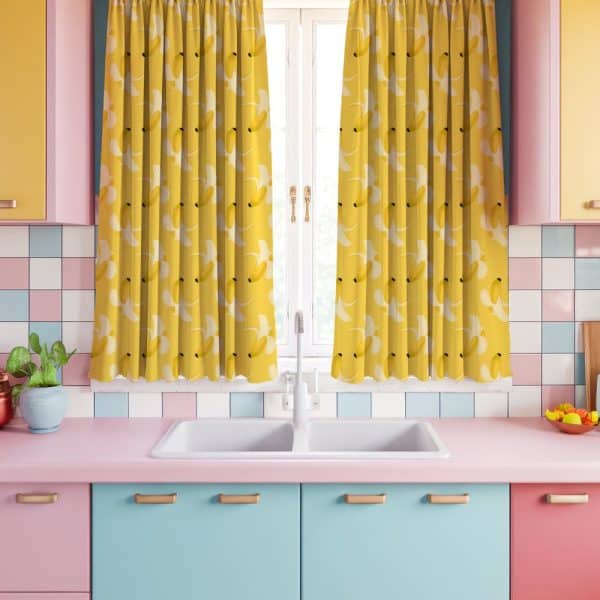 Yellow Banana Patterned Kitchen Curtains Hanging In A Retro Kitchen.