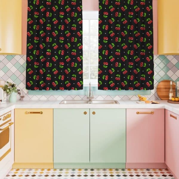 Black Kitchen Curtains With A Red Cherry Pattern.