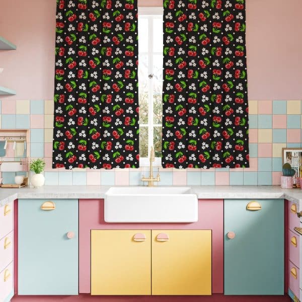 A Pair Of Kitchen Curtains With A Black Background And A Repeating Pattern Of Red Cherries And White Flowers.