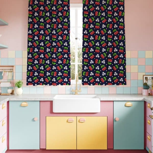 Cherry-Printed Kitchen Curtains Hanging On A Window.