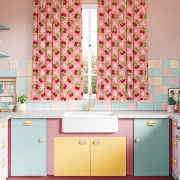 Cherry-Printed Kitchen Window Curtains.