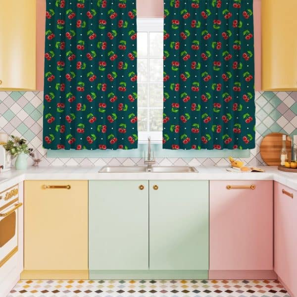 Teal Kitchen Window Curtains With A Red Cherry Pattern.