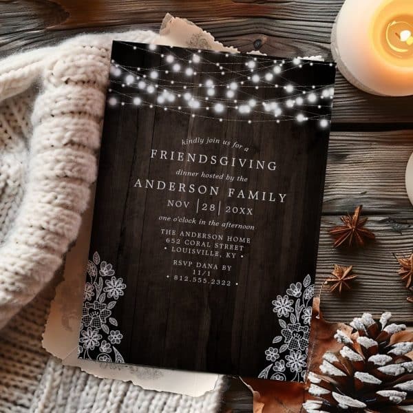Friendsgiving Invitation On Dark Wood Background With String Lights And Lace Design.