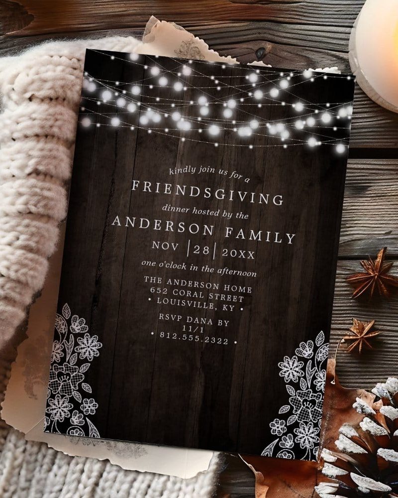 Friendsgiving invitation on dark wood background with string lights and lace design.