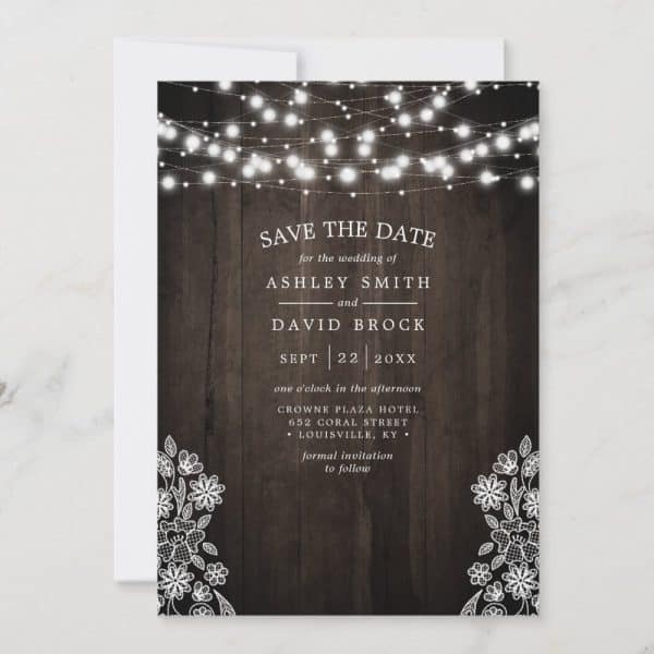 Save The Date For Ashley Smith And David Brock'S Wedding, September 22Nd, At The Crowne Plaza Hotel In Louisville, Kentucky. The Design Features String Lights And Lace.