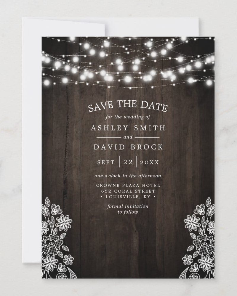 Save the date for Ashley Smith and David Brock's wedding, September 22nd, at the Crowne Plaza Hotel in Louisville, Kentucky. The design features string lights and lace.