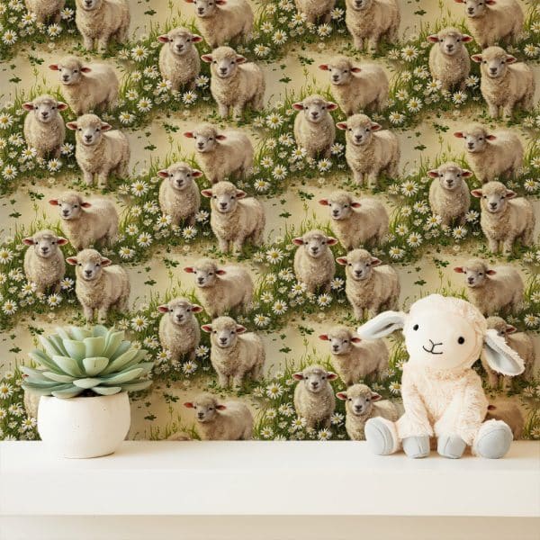 A Stuffed Lamb Sits In Front Of Wallpaper Depicting A Repeating Pattern Of Lambs In A Field Of Daisies.
