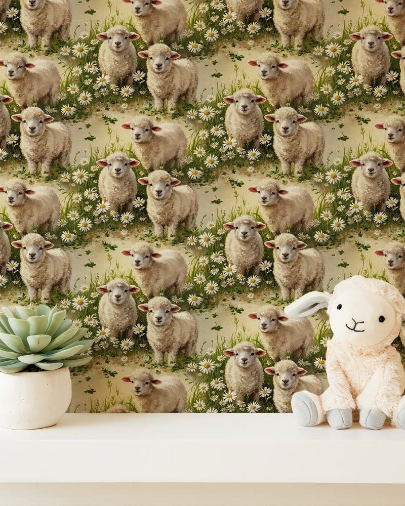 A stuffed lamb sits in front of wallpaper depicting a repeating pattern of lambs in a field of daisies.